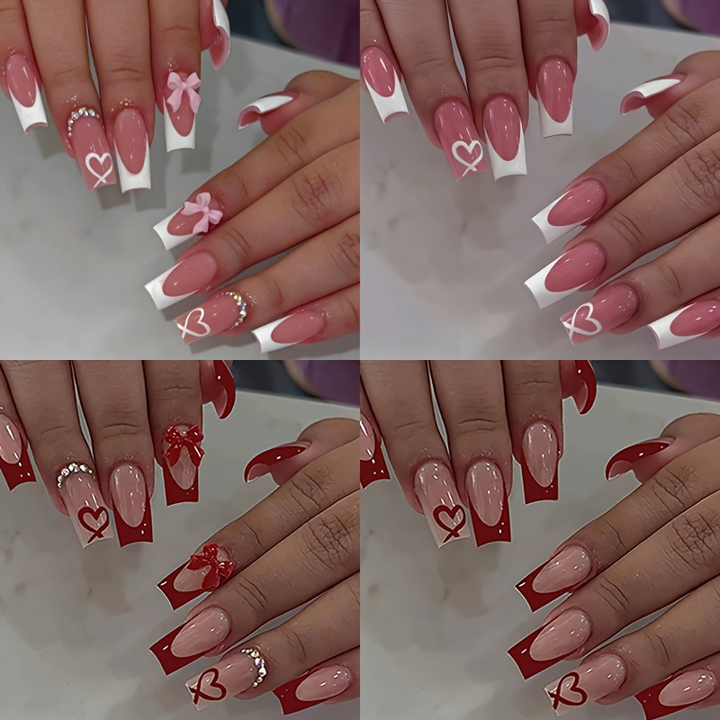 E-shop Mittelgroße Sargform Press-on-Nägel Weiße Nagelspitzen Falsche Nägel und Rote Nagelspitzen Falsche Nägel Set 3D Schleife Herzform Design