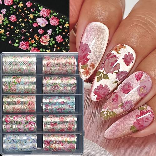 10 flower nail art foil purple orange blue roses romantic valentines day ultra thin self transfer foil glossy single use