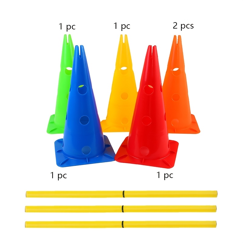 E-shop 9-teiliges Mehrfarbiges Trainingskegel-Set mit Löchern + Verbindungsstangen-Set: Fußball Fitness Training Hindernismarker, die zusammengestellt