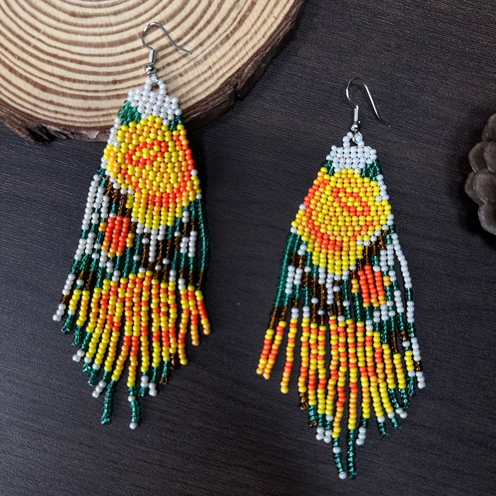 Elegant Handmade Flower Beaded Tassel Drop Earrings for Women