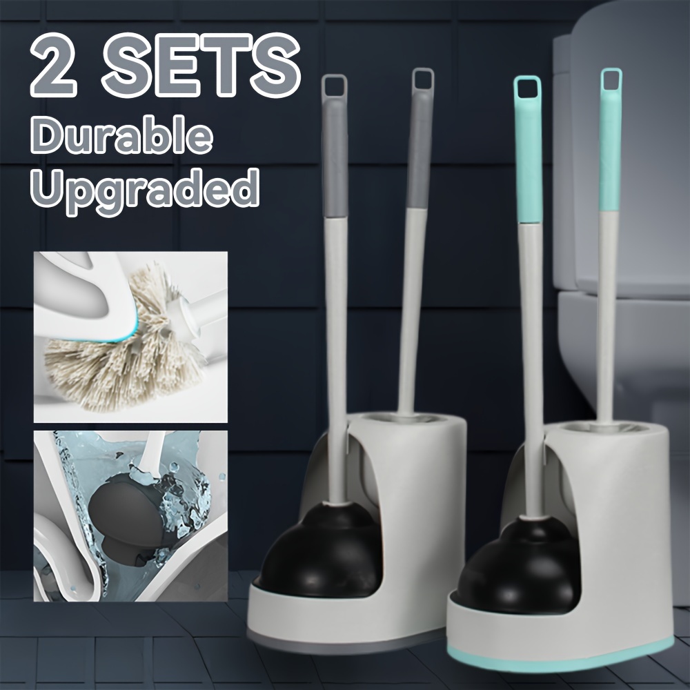 

2sets Elegant Toilet Brush Set With Holder Toilet Plunger And Brush, Blue, Grey - Ergonomic Long Handle Foreffortless Cleaning, Decor Accessory, Sturdy & Deepcleaning-enhances Your Home