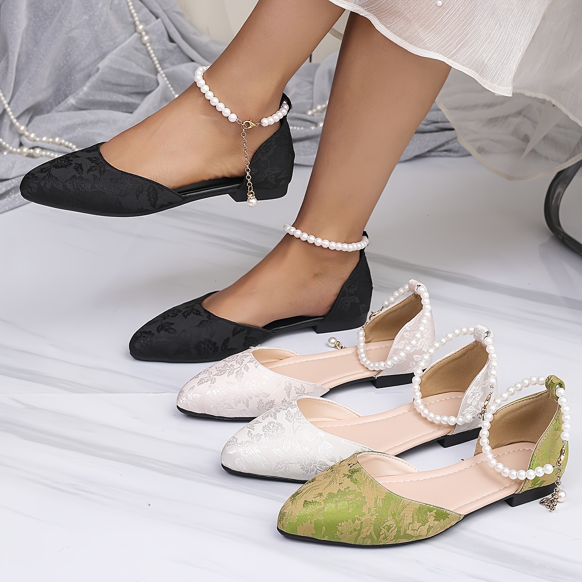 2026 New Gentle Style Jacquard Side Hollow Sandals Women'S Retro * Pearl  Chain Soft Sole Flat Shoes. Suitable for Weddings, Shopping And Outdoor  Wear, Women Shoes