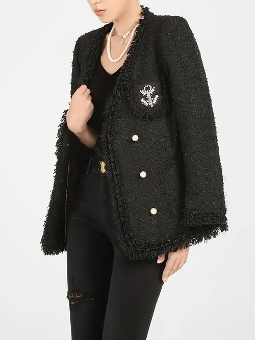 우아한 미드-길이 더블 브레스트 v넥 화이트 거즈 다운 재킷 프린지 디테일 - 블랙, 여성용 시크한 가을/겨울 아우터웨어, 가을과 겨울 소셜 스타일에 완벽함