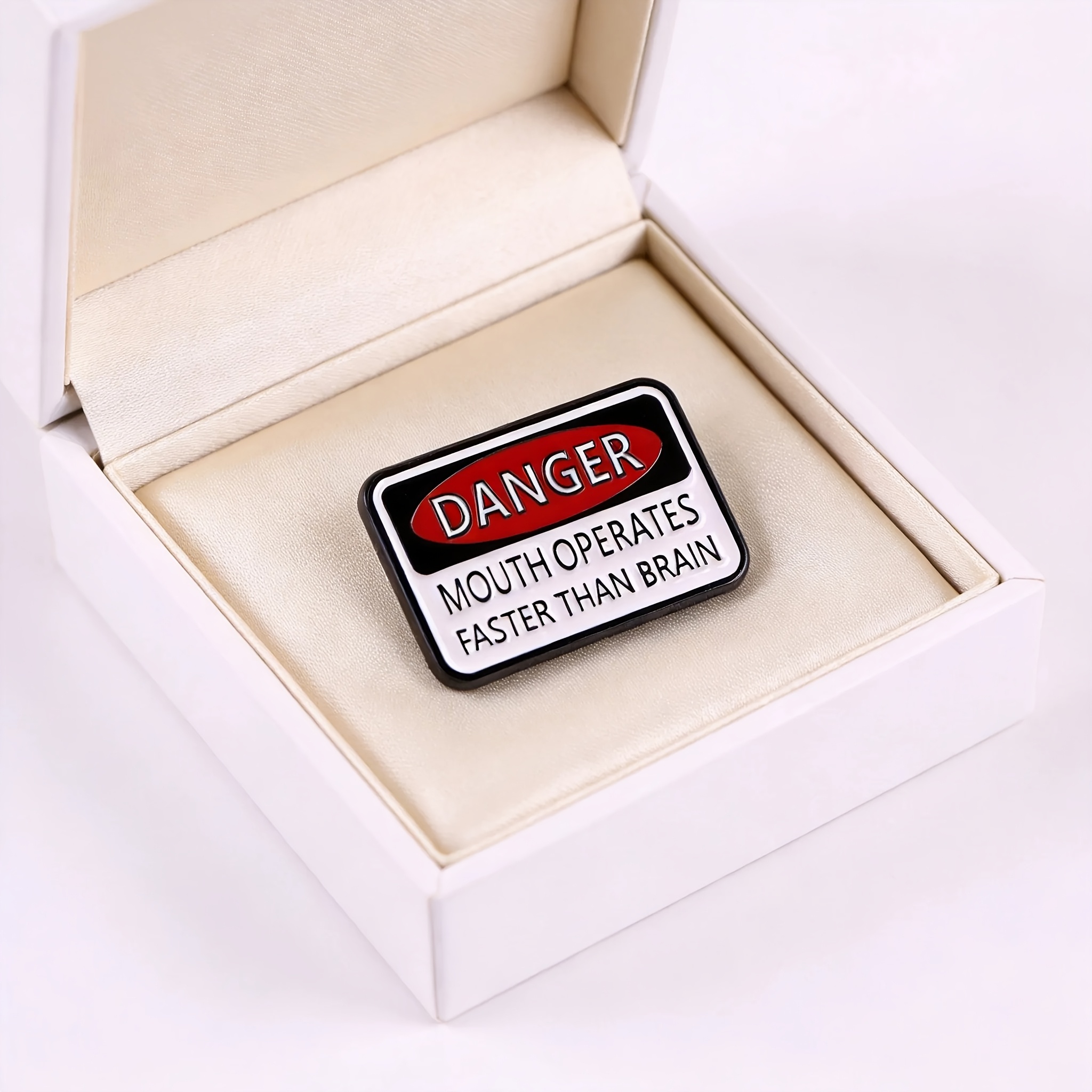 Funny Warning Sign Brooch - "Mouth Works Faster Than Brain"