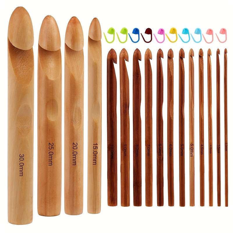 

16 Pcs Wooden Crochet Hooks Set, 3-30mm Easy-grip Handle Crochet Needles With 10 Stitch Markers For Handcraft, Crocheting Tools For Beginners And Experienced Crafters