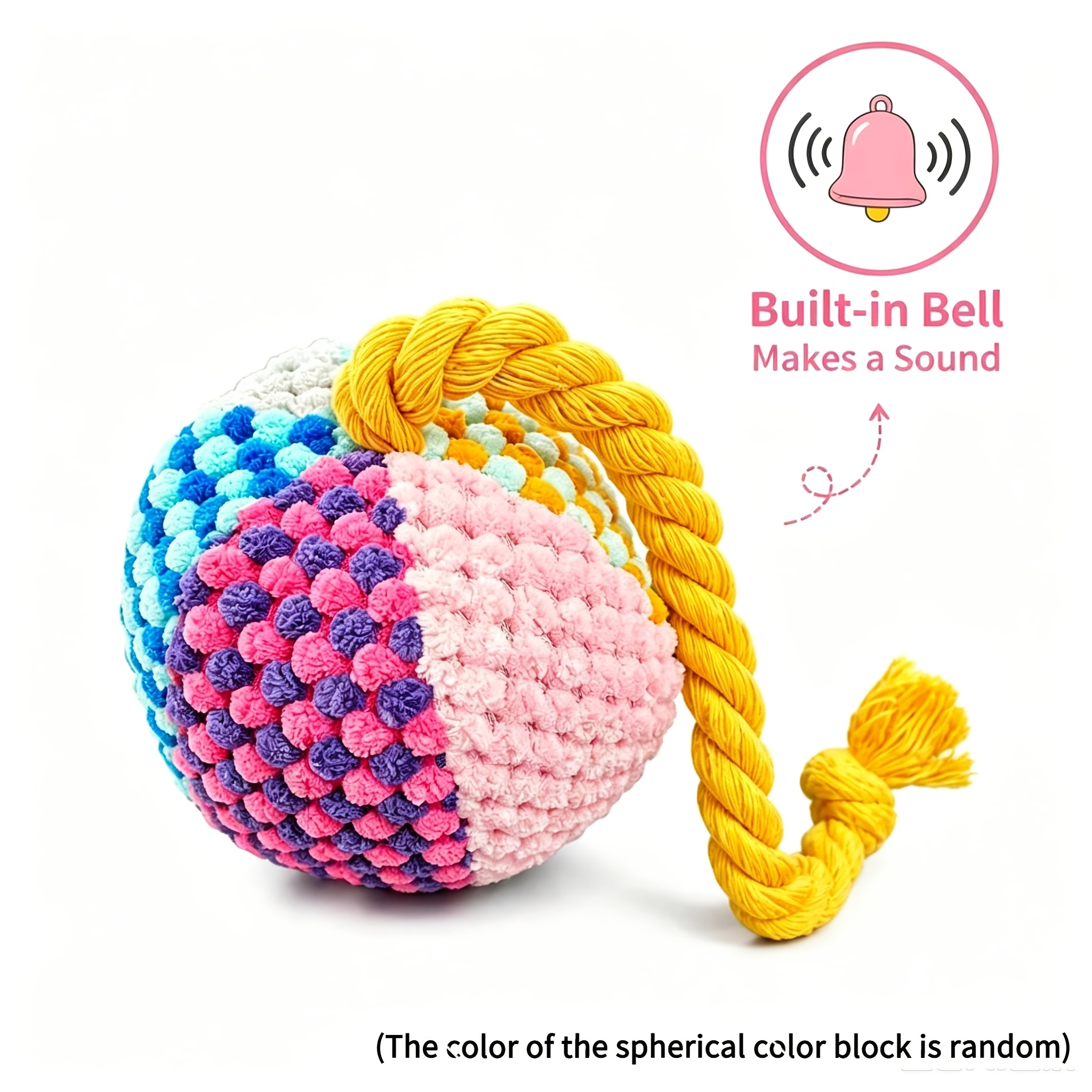 TEMU Color Block Plush Rope Ball Pet Toy With Built-in Bell, Bite-resistant Molar Interactive Chew Toy For Small To Medium Dogs And Cats