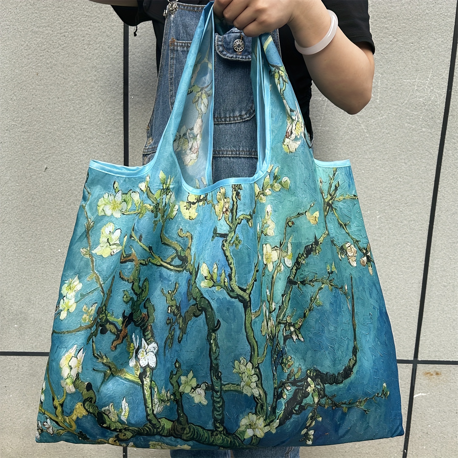 

Large Capacity Apricot Blossom Oil Painting Style Tote Bag - Lightweight, Foldable, Nylon Shoulder & Handheld Shopping Bag With Wrist Strap, Machine Washable, Portable For Use