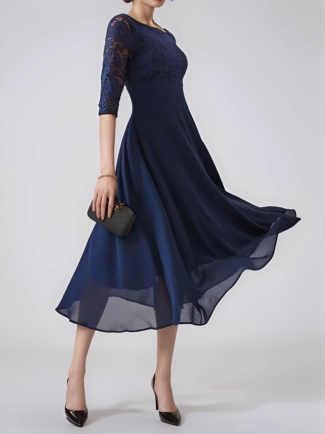 elegant navy blue chiffon evening gown with lace detailing crew neck   sleeve   weddings and formal events formal evening gown