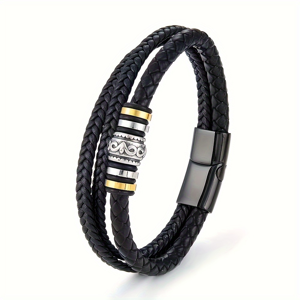 

Woven Leather Rope Wrap Special Style Classic Steel Men's Leather Bracelet Double-layer