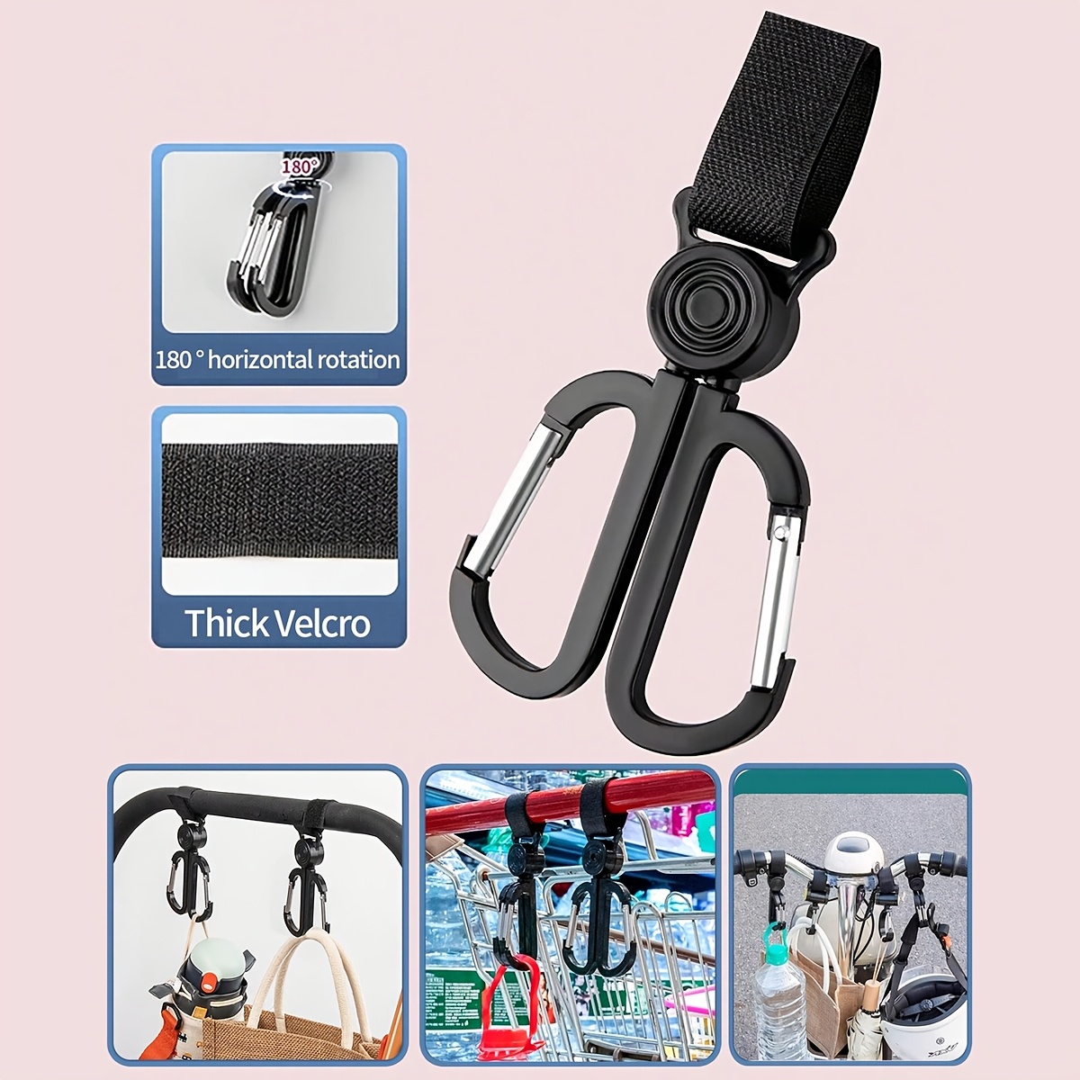 

1pc Rotatable Solid Carabiner , No-drill , Wall Mount Plastic Trolley Hook, Multi-functional Helmet Holder For Electric Scooters, Stroller Accessory, Utility Hooks