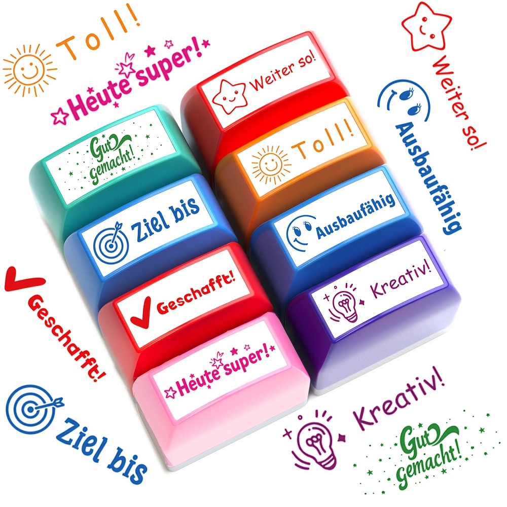 E-shop 8 Deutsche Lehrer-Stempel | Lustige Ermutigung-Stempel zum Auswerten, für den Unterricht und - Farbiges Selbstklebendes Set, Motiviert