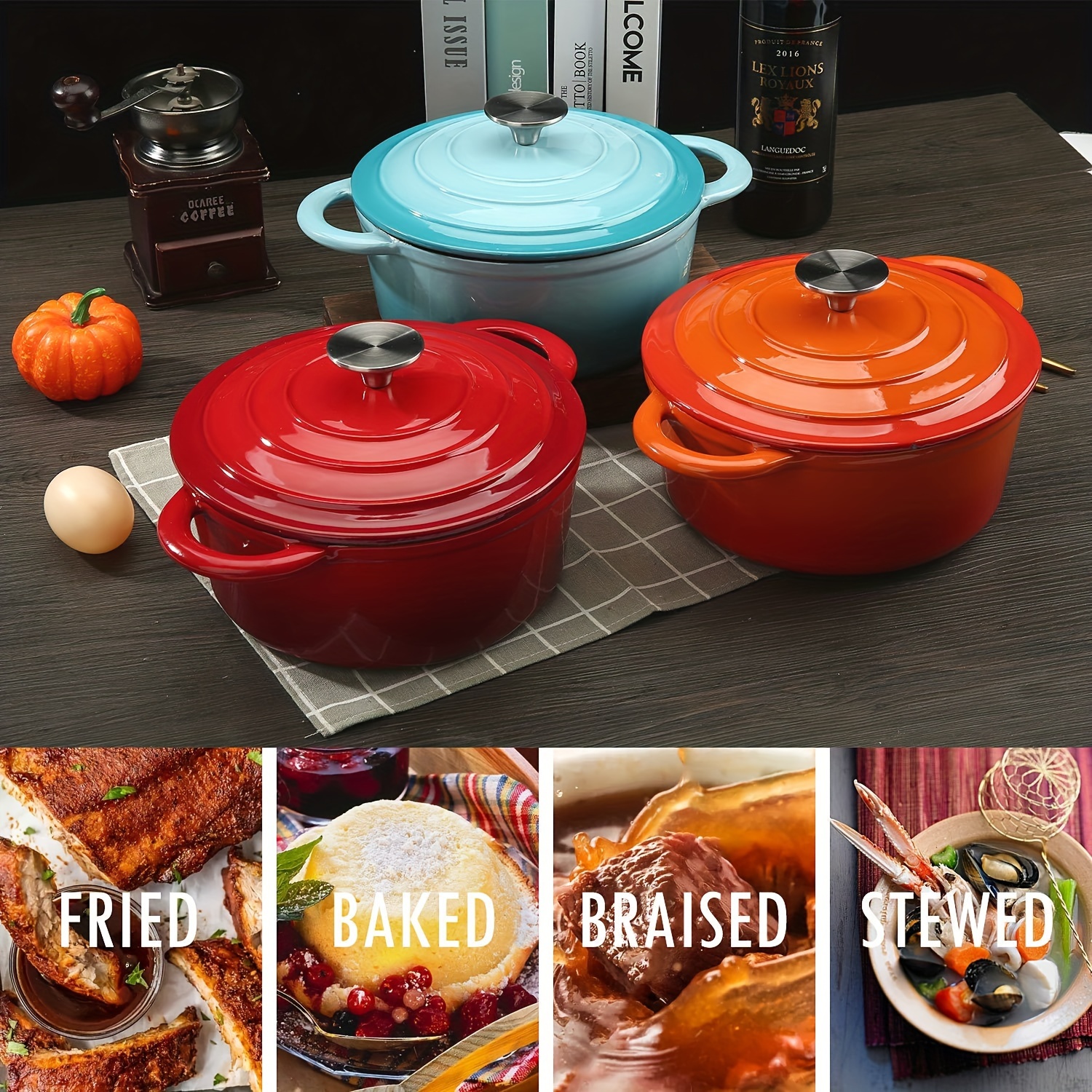 2 qt enameled cast iron dutch oven 8 heavy duty pot with lid double handle for baking   soups non stick round cookware for home kitchens red details 9