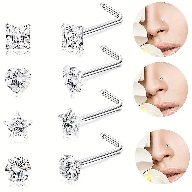 TEMU 4pcs Nose Nail Fivepointed Star Arc Rod Nose Ring 3a Zirconia Nose Nail Body Perforated Jewelry