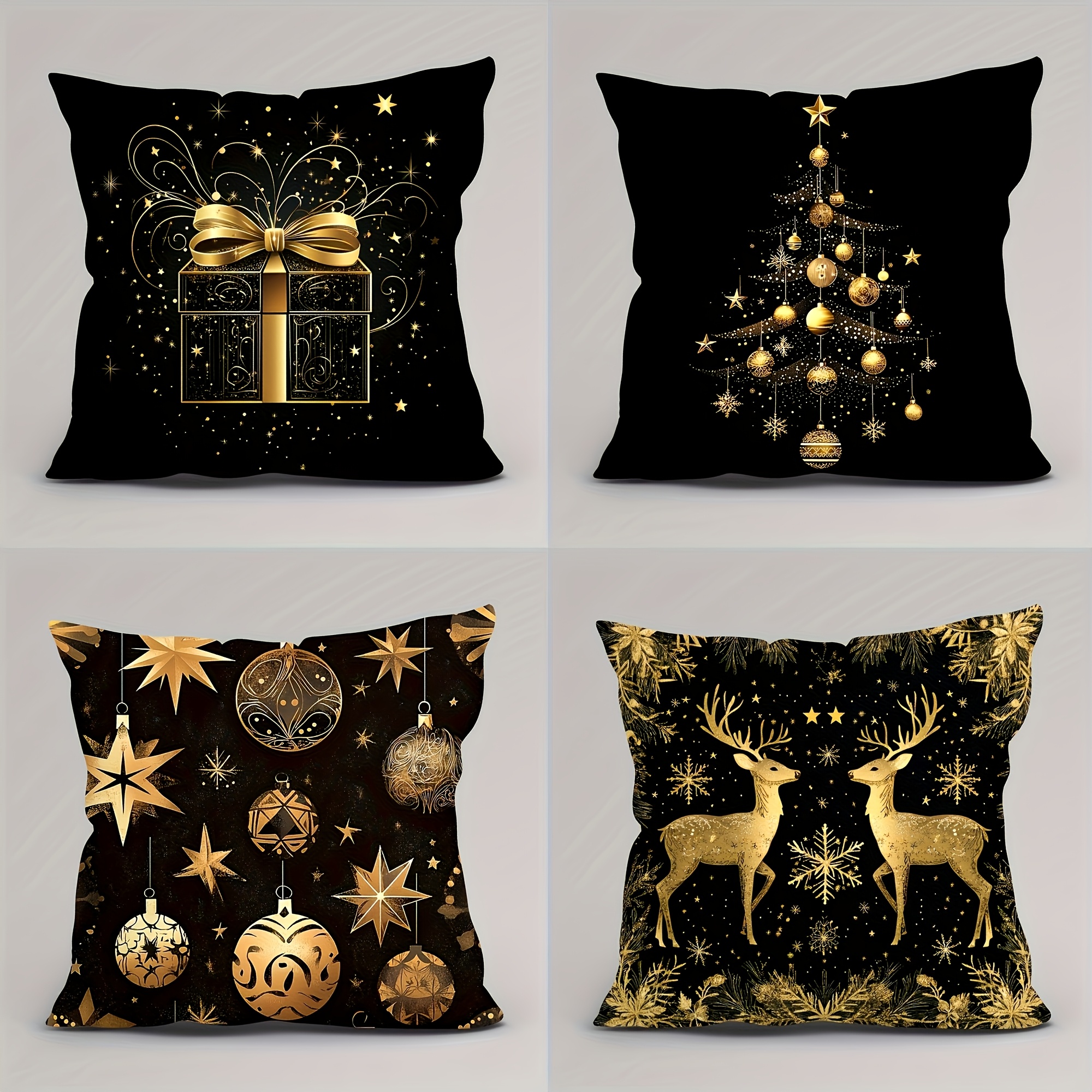 TEMU 4pcs Christmas Pillow Covers, Black Background With Golden Xmas Pattern, 100% Polyester, Double-sided Print, Zipper Closure, Sizes 16/18/20