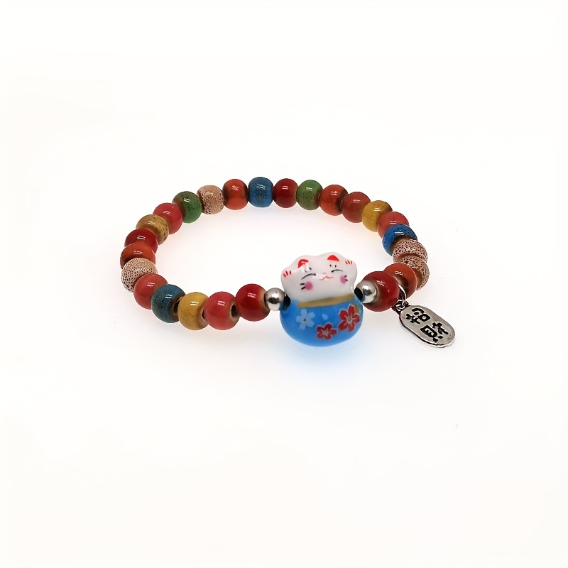 Ceramic Cat Charm Bracelet with Colorful Beads - Festive Accessory