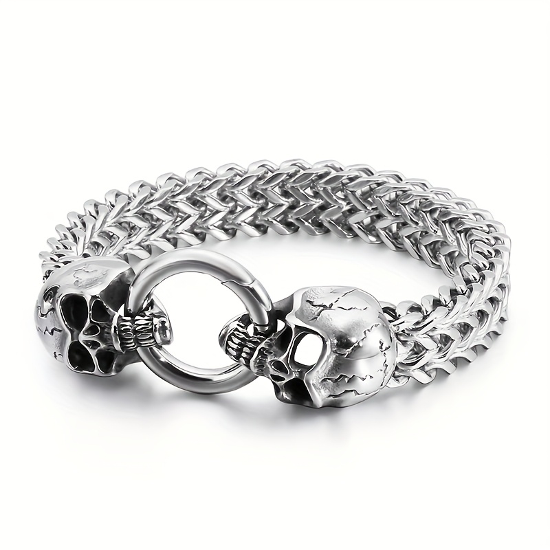 1 Pulsera de hombre retro dominante y de moda con doble calavera y hebilla - Cadena cubana gótica para hombres, estilo moderno