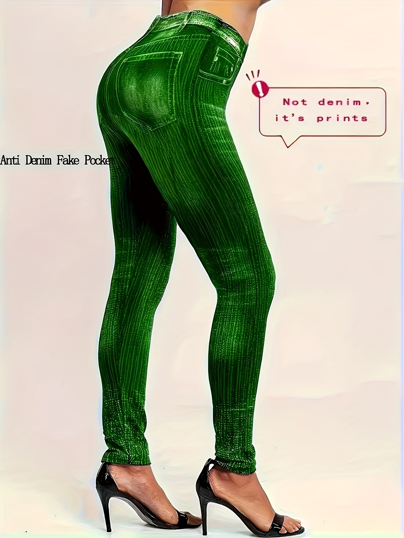 Plus Size - Women'S High-Waisted Stretch Denim Print Leggings - Purple & White Striped Design, Comfortable All-Season Casual Wear, Perfect for & Casual Attire, High Waisted Leggings