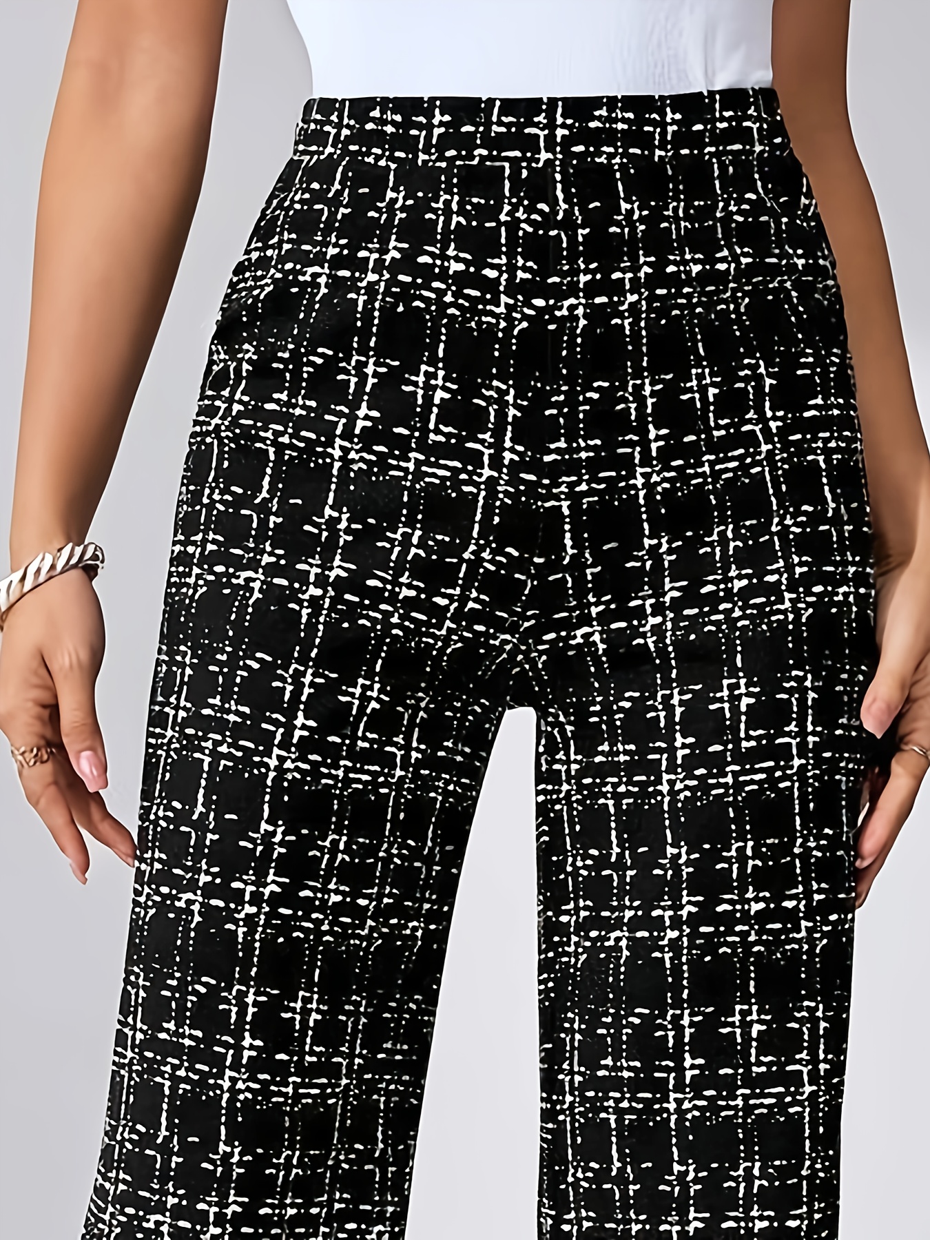 women's elegant black white grid wide leg pants non stretch Temu