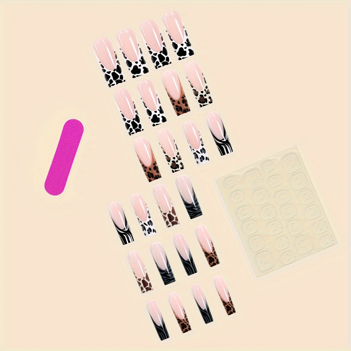 TEMU 24pcs Faux Ongles Ultra-Réctangulaires Motif Léopard Zèbre Couverture Complète, Feuilles à Coller et Colle Gelée, Ensemble de Polisseuses à