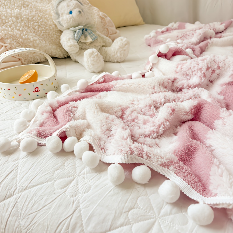 Image of 1pc Jacquard Pom-pom Throw Blanket, Multiple Color Options, Soft, Comfortable, And Breathable, Suitable For , Dopamine Color Palette, Machine Washable, Bedding Decoration, Holiday Gift