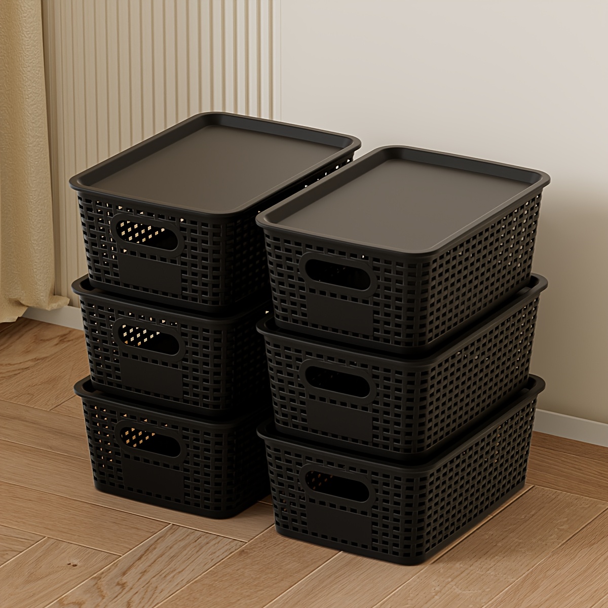 TEMU 6-pack Stackable Plastic Baskets With Lids, Thickened Pp With , Home Office Dual Use, Closet/kitchen/bathroom/desktop File Skincare Storage Box,