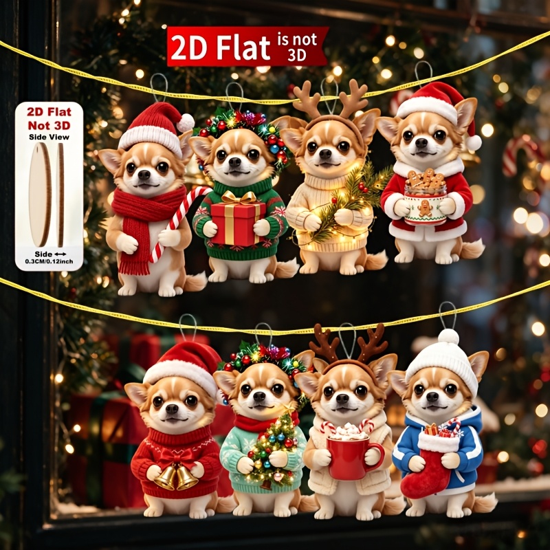 TEMU 2d Flat, 8pcs Cute Christmas Chihuahua, Santa Hat Chihuahua Christmas Tree Ornaments, Wall-mounted Holiday Decorations, Christmas Tree Hanging