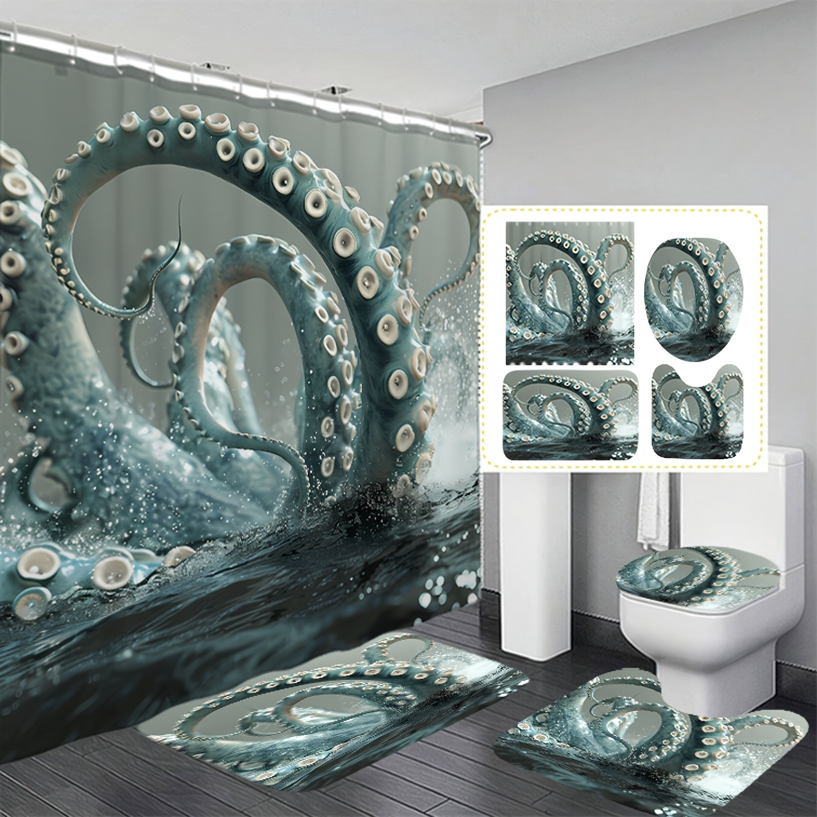 

1/3/4pcs Octopus Series Digital Printed Waterproof Shower Curtain And Carpet, Modern Home Bathroom Decor Shower Curtain With Carpet And Toilet Lid