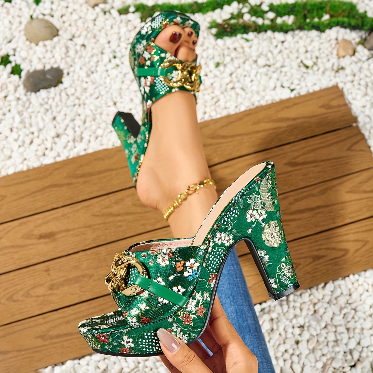 elegant womens metal   high heel sandals with   accents square toe open toe slides bohemian style slip on suitable for banquets weddings and any occasions women shoes Product details 6
