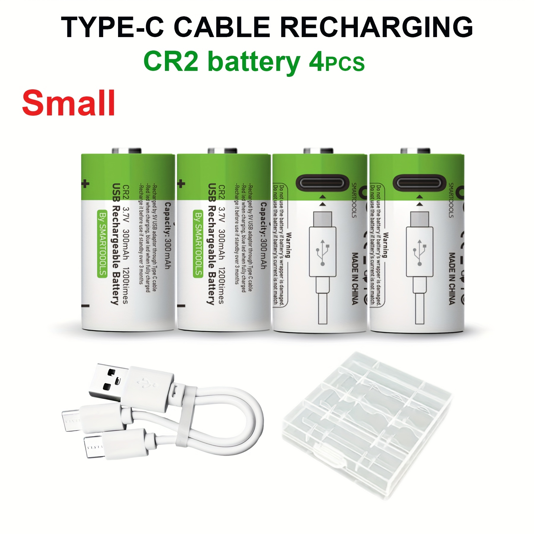 TEMU 4 piles rechargeables SMARTOOOLS CR2 avec câble de charge rapide Type-C - Haute capacité 1100mWh 300mAh, durée de vie jusqu'à 1200 cycles, USB,