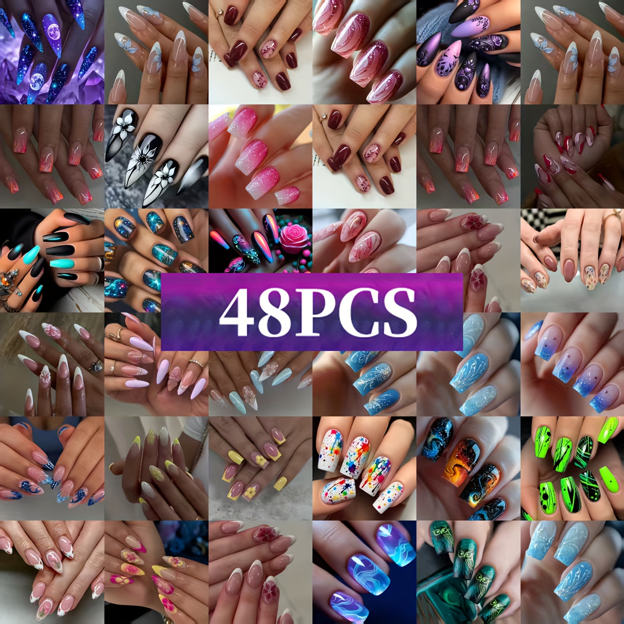 48pcs , Nail Shapes, Styles, Patterns, Animals, Flowers, Of Wearable Nails, Suitable For Travel, Wedding And Party Press - On False Nails