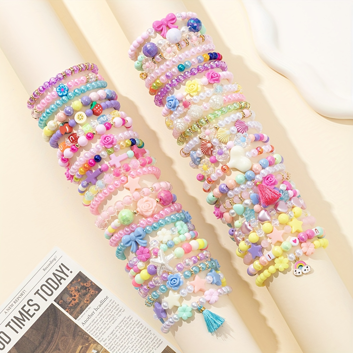 TEMU 50pcs Bohemian Candy-colored Acrylic Bead Bracelets For Teens & Adults - Stretchy Elastic Multicolor Hand Chains With Floral, Star & Heart