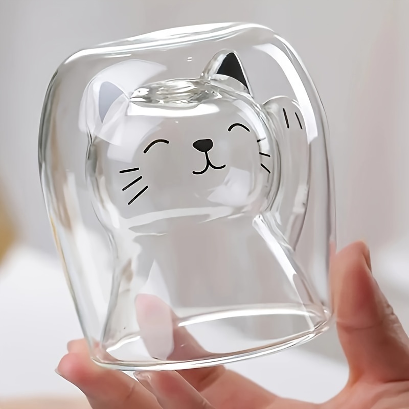 

1pc Cute Cat Glass Water Cup, 6.76oz Double-wall Insulated Coffee Mug, Heat-resistant Glass Drinking Glass