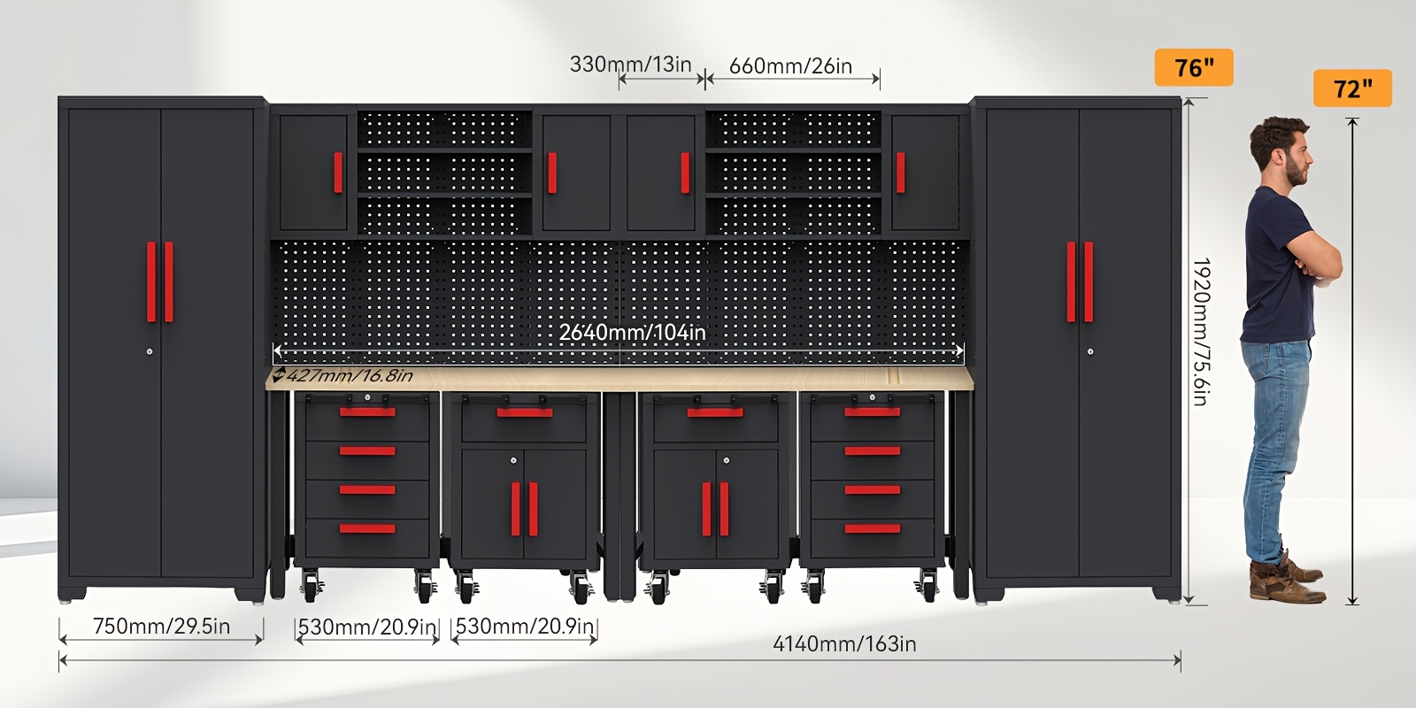 12pcs heavy duty steel rolling tool box with lockable drawers cabinet heavy duty steel construction 2 tier shelves 3 drawers 2 cabinets red accents for garage workshop storage black   organization industrial look   material construction Product details 2