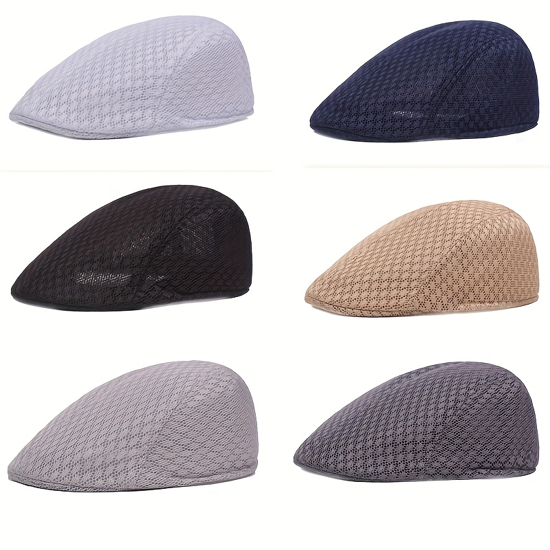 TEMU 6pcs Breathable Polyester Mesh Flat Caps Men's Wisteria Hats Vintage Style Lightweight Solid Color Newsboy Caps, Suitable For Summer Driving