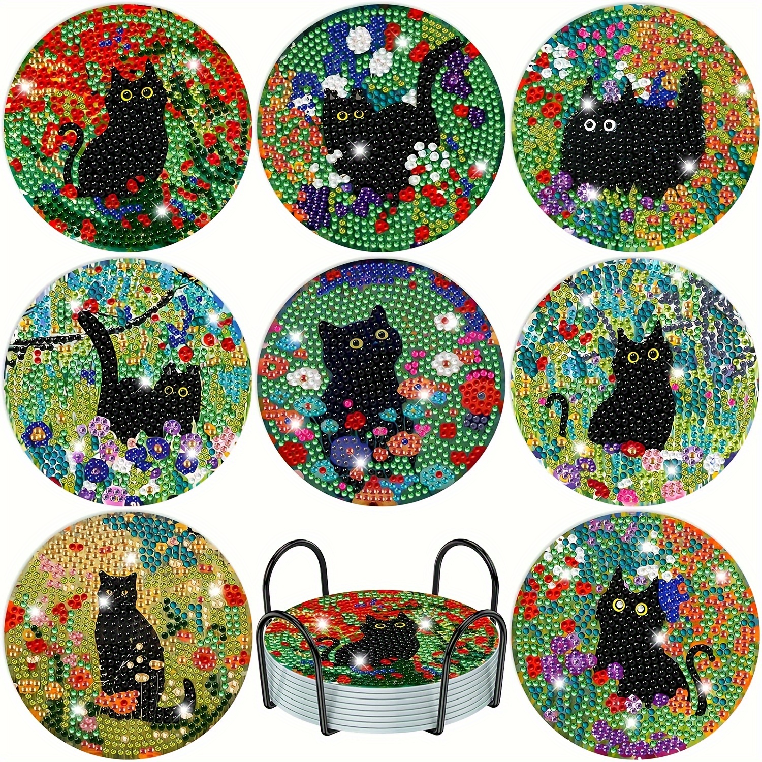 

Black Cat Diamond Art Coaster Set With Stand - 8pcs Diy 5d Round Kit For Beginners, Craft Supplies Included