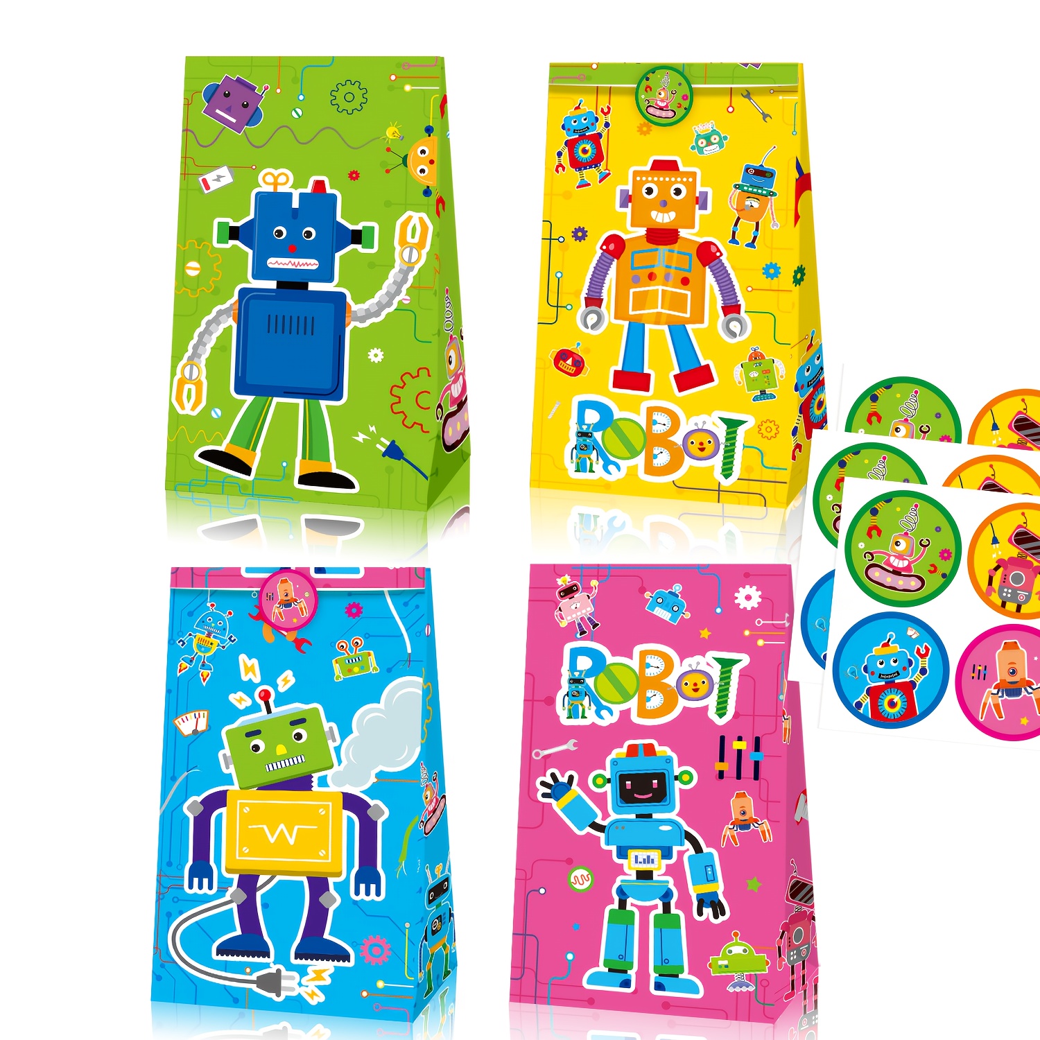 Image of Robot Party Pack, 12 Robot Party Paper Bags + 12 Robot Stickers, Robot Party Favor Bags, Robot Party Supplies, Robot Themed Birthday Party Favor Bags, Suitable For Robot Parties, Birthday Parties