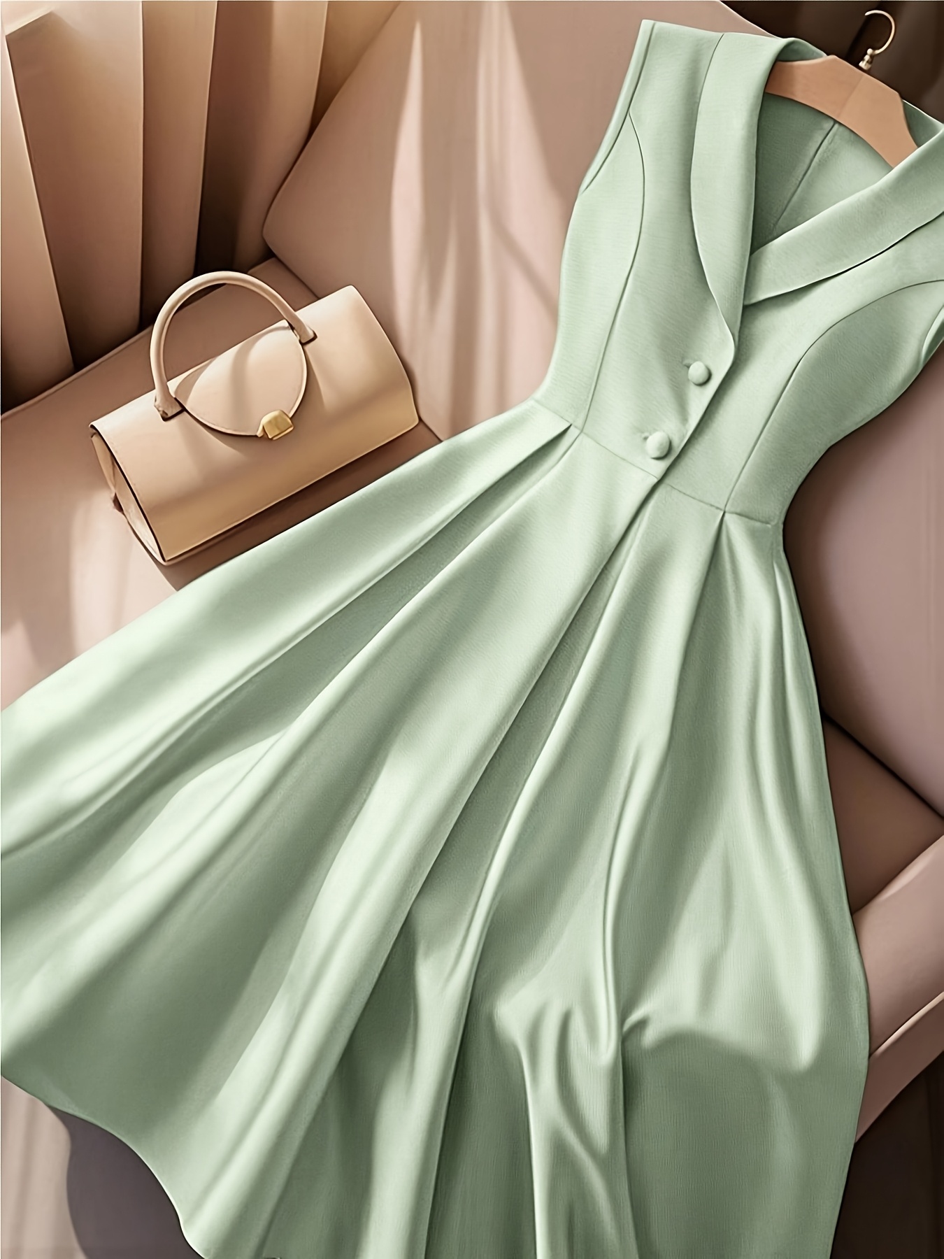 womens mint   neck sleeveless dress   fit button up waist with tie belt elegant solid color machine washable non stretch fabric for spring summer fall commuting work parties vacation wear work event attire smooth texture  