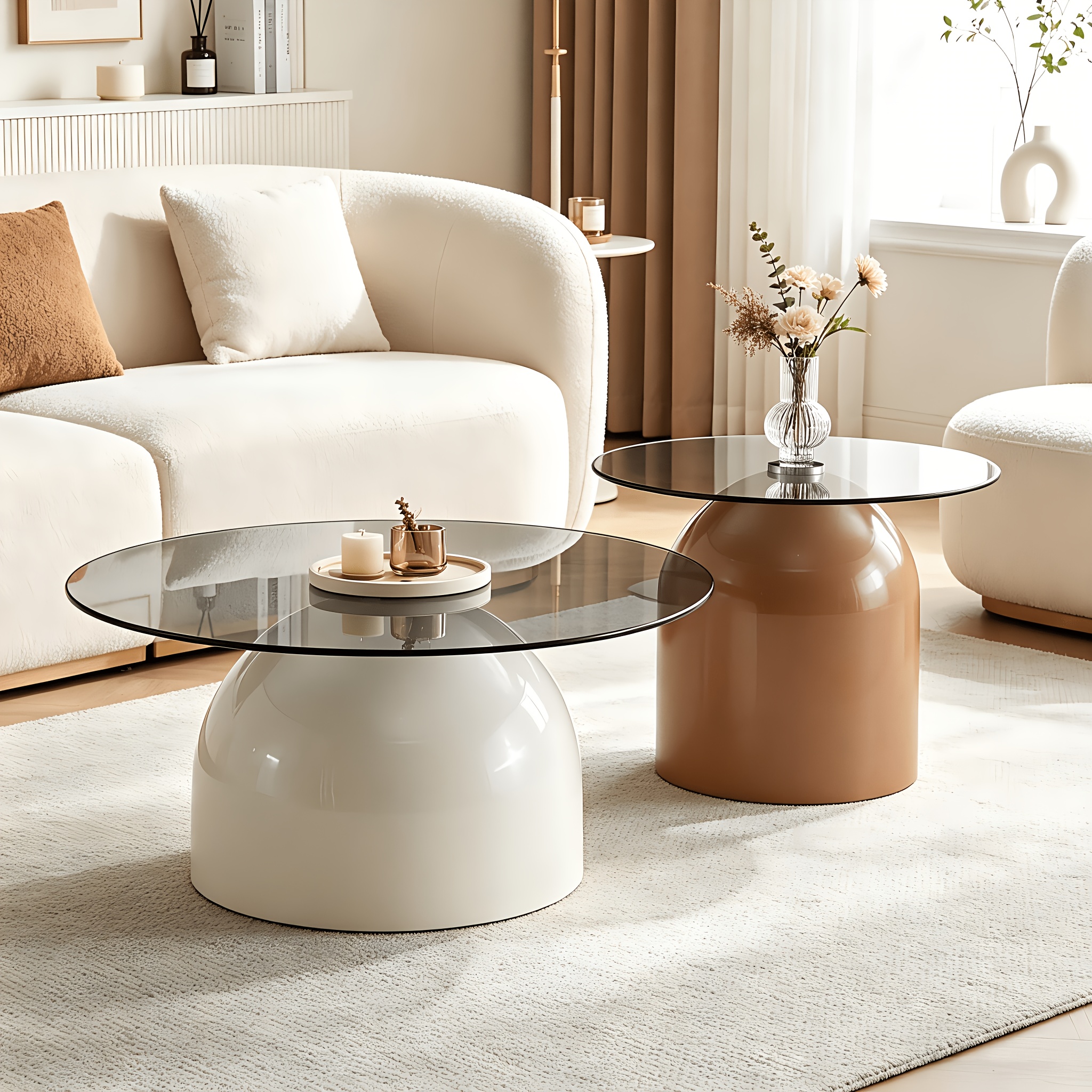 Nesting Coffee Table Set Of 2, Small Coffee Table for Small Spaces Apartment, Round Glass Coffee Table Set, Modern Space Saving Center Table for Living Room Balcony Office