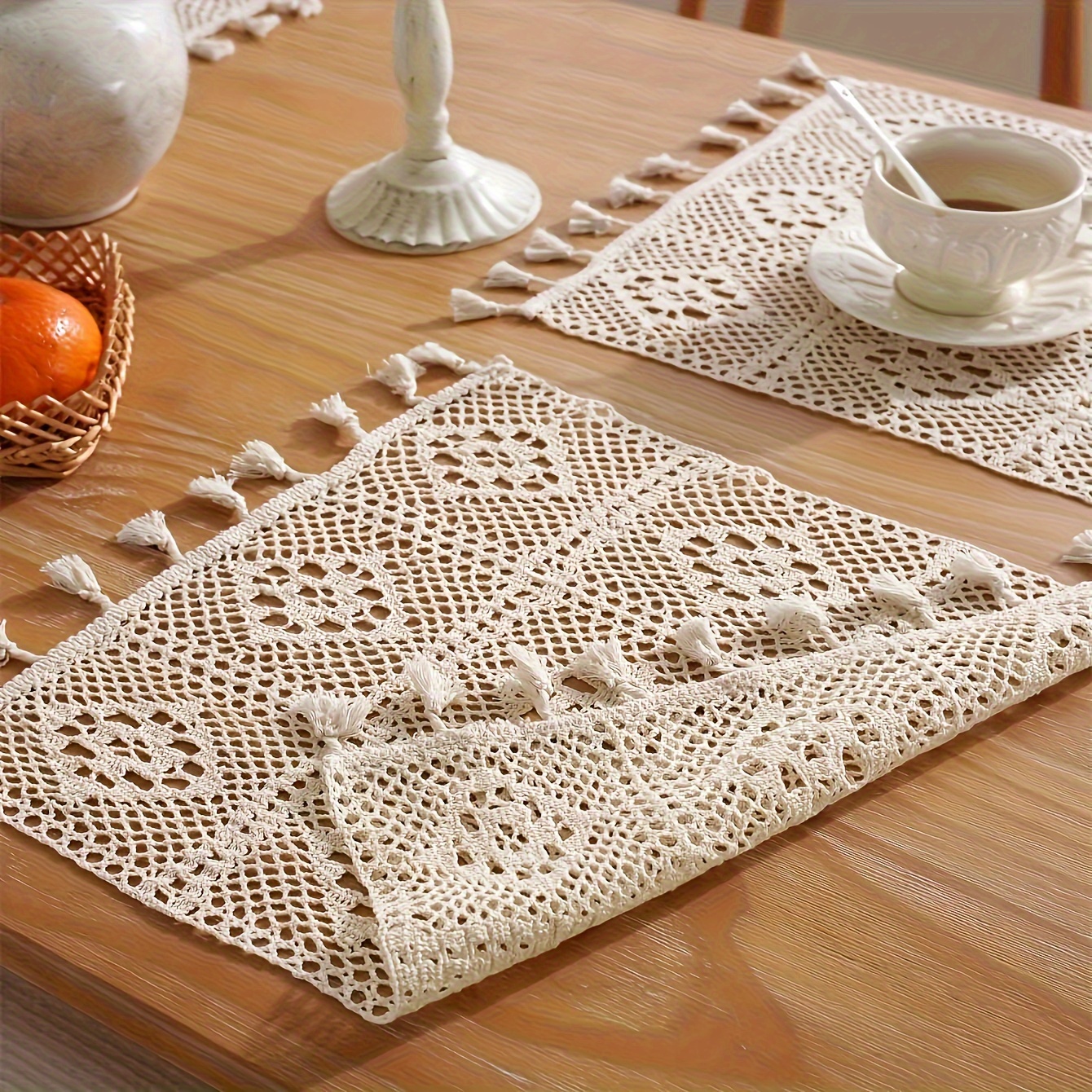 Image of 1pc/handmade Crochet Bohemian Minimalist Solid Color Placemat, Pastoral Rustic Style Suitable For Dining Table, Kitchen, Bohemian Wedding Decor