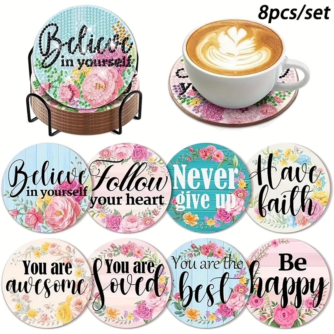 

8-piece Diy Diamond Painting Coaster Kit With Positive Affirmations, Wooden Anti-slip Cup Mats With Cork Base & Display Holder