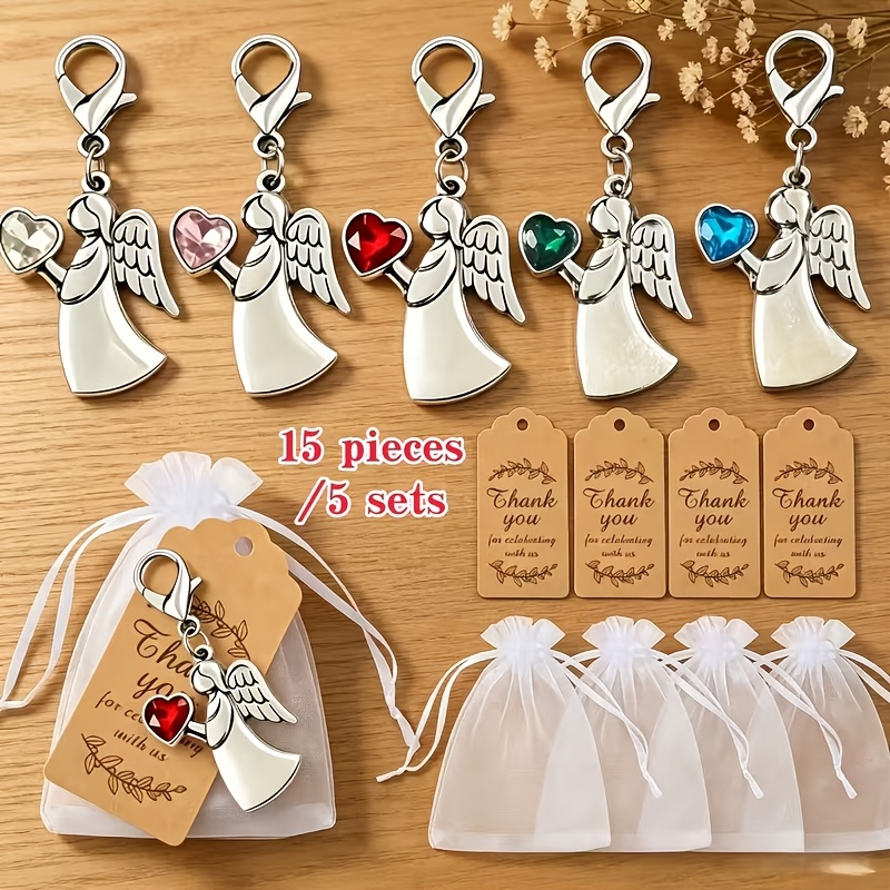 TEMU 5pcs Set: 5 Keychains + 5 Cards + 5 Mesh Bags. Adorable -style Love Rhinestone Keychains - For Halloween, Christmas, Thanksgiving, And Parties.