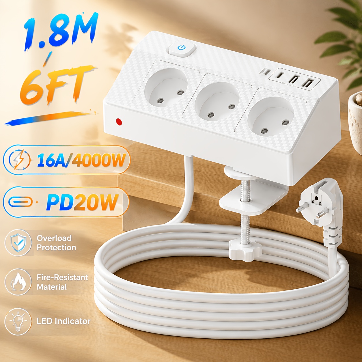 7-in-1 Clamp Desk Power Strip With Switch, Rectangle, 3 Ac Outlets, 2 Usb-a, 2 Usb-c (pd 20w), & Short Circuit Protection, 110-240v, European Standard Plug, Cable 1800j