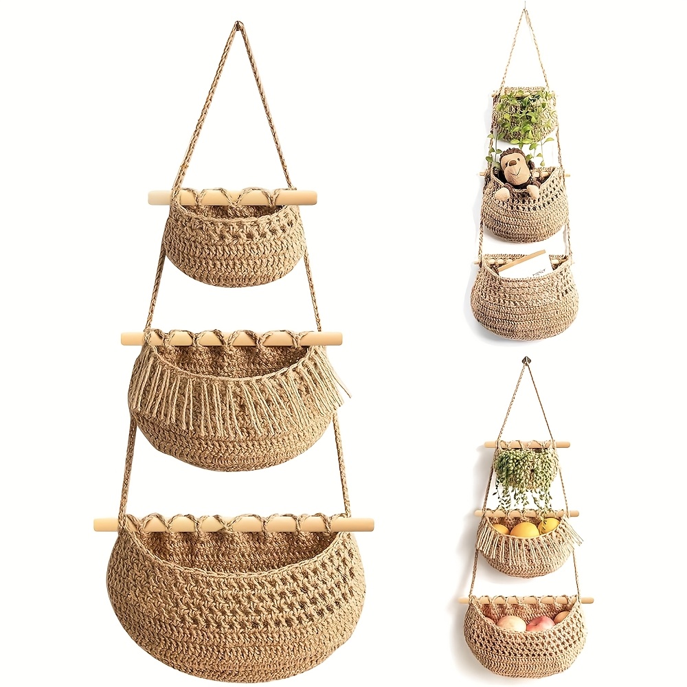 

Corbeille de Rangement Murale à 3 Niveaux Style Bohémien - Organisateur en Corde Tissée à pour Fruits, Légumes - Installation Facile, Décoration Multifonctionnelle pour avec Espace