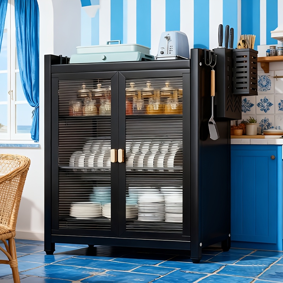 TEMU Modern Black Metal Dish Drying Rack, Multifunctional Heavy-duty Metal Kitchen Storage Cabinet - 4-hook Storage Cabinet With Drainage Tray,
