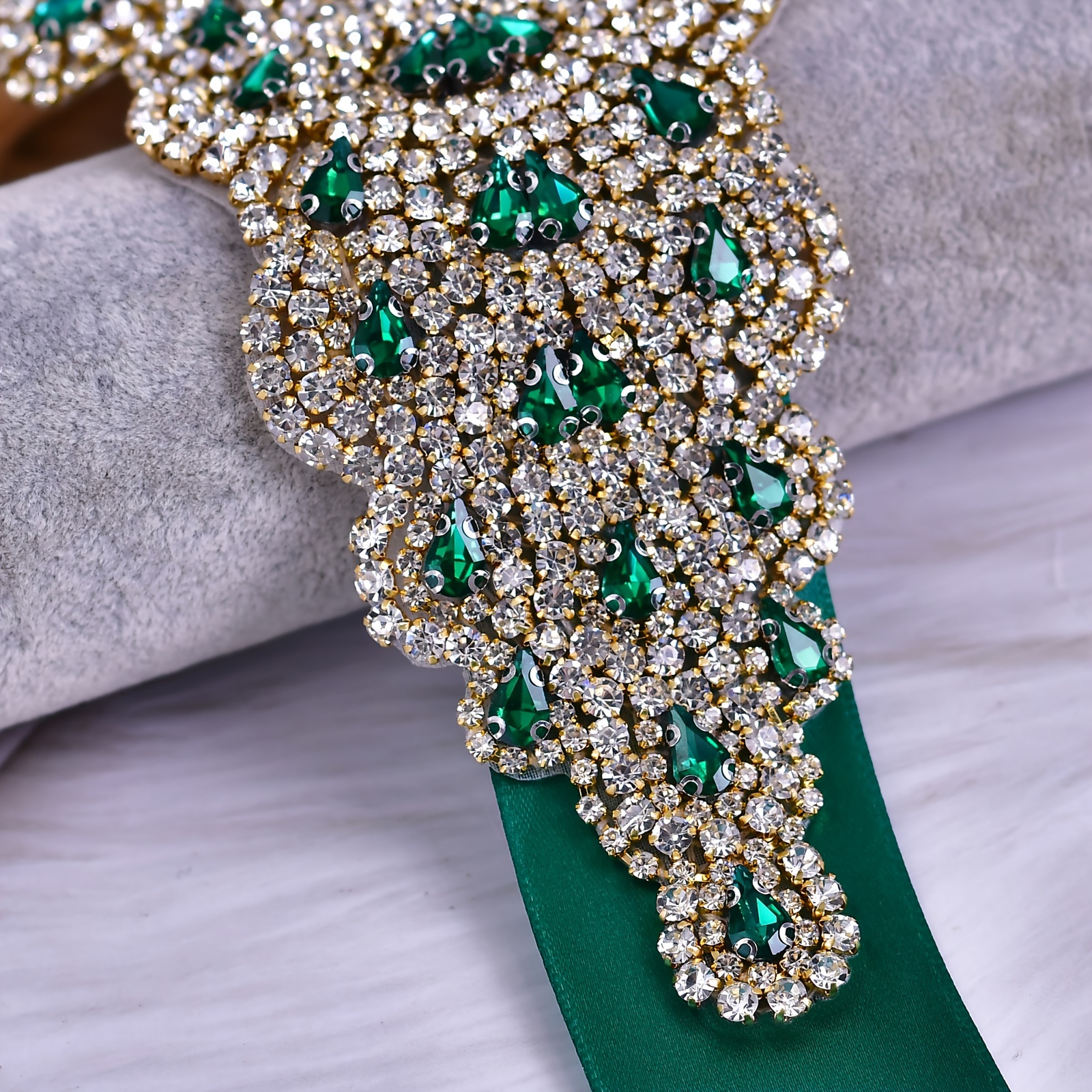 Elegant Green and Gold Beaded Belt Green Thin Bridal Belt Emerald Leaf Crystal Rhinestone Sash  main image 4