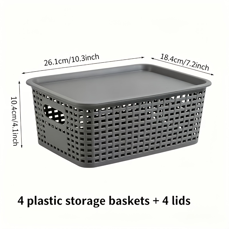 TEMU 8pcs Set (4pcs Plastic Baskets And 4pcs Lids) Woven Texture Stackable Plastic Storage Baskets, Multifunctional Organizing Cages, Suitable For