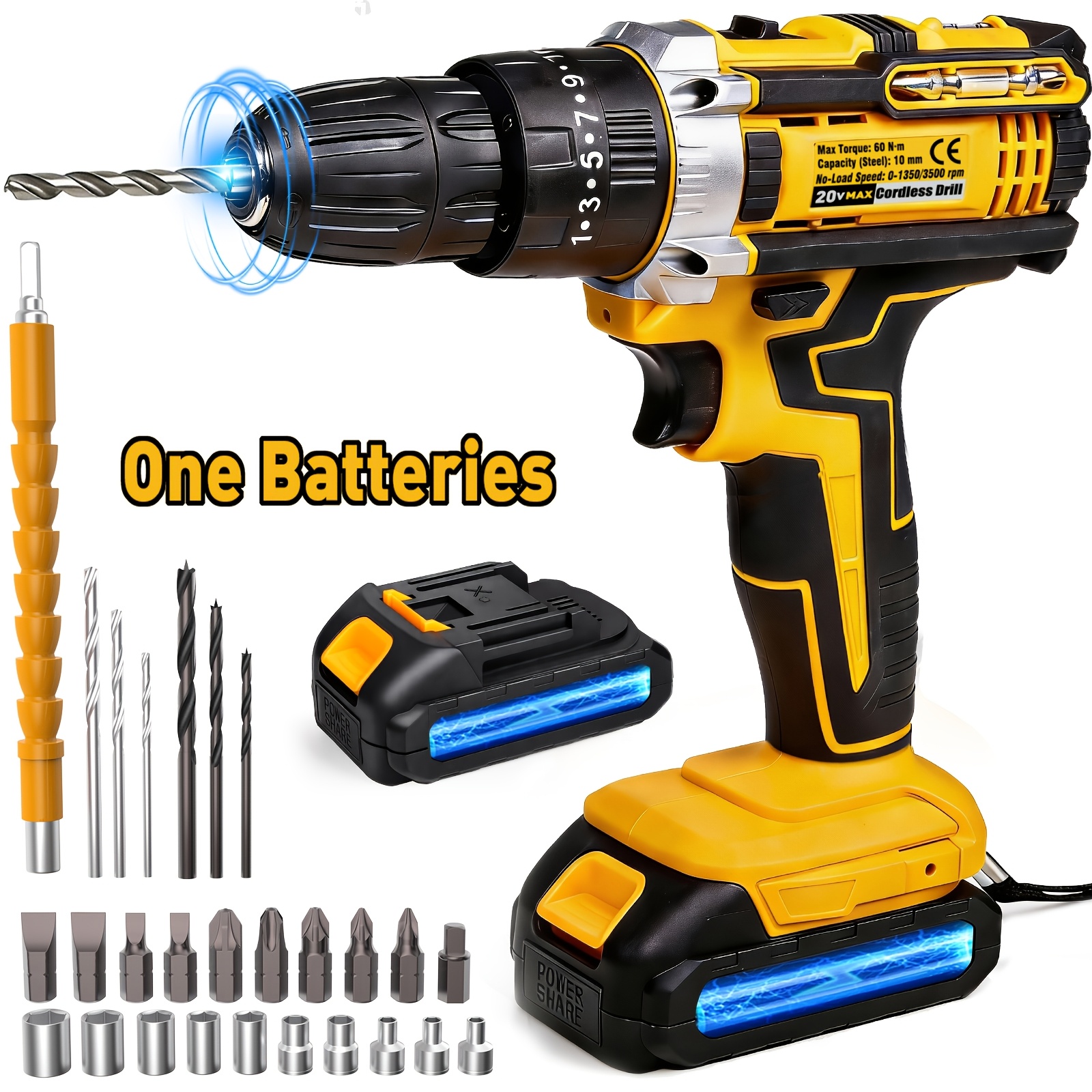 TEMU Kit de Taladro Atornillador Inalámbrico de 20V, Batería de Larga Duración y 2 Velocidades, con Luz de Trabajo LED y Nivel, para Proyectos, del