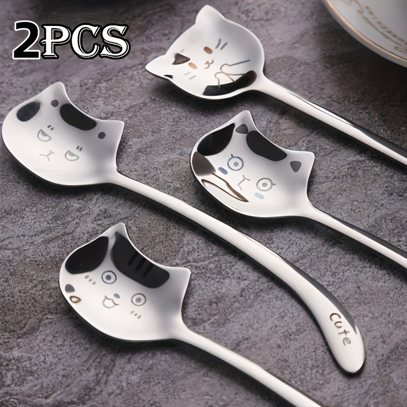 

Set Of 2 Stainless Steel Cat-shaped Dessert Spoons, Long Teaspoons And Coffee Spoons With Cute Animal Print Designs, Birthday Gifts