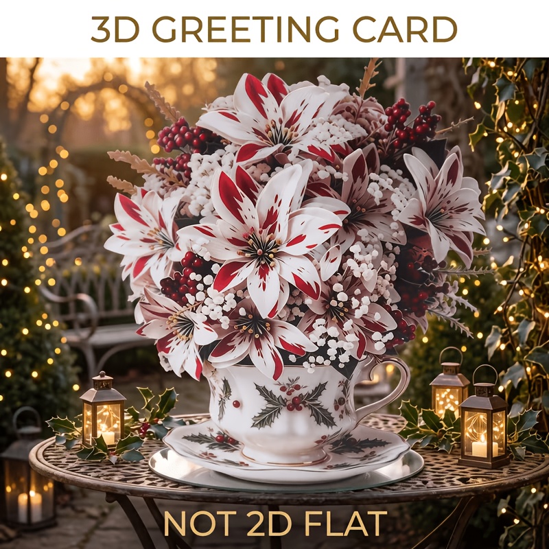 TEMU Christmas 3d Pop-up Greeting Card, Vintage Teacup Christmas Bouquet Design, Exquisite Paper Craft, Foldable Keepsake Gift Card, Suitable For