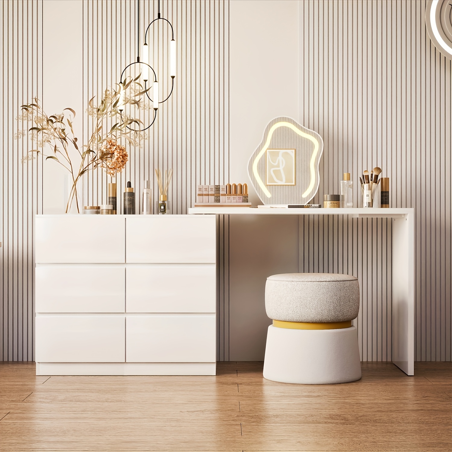 Image of Dressing Table, Convertible , With Mirror, Wooden Dressing Table With Extendable And Rotatable Tabletop, 6 Silent Drawers, , Suitable For Bedroom, White.